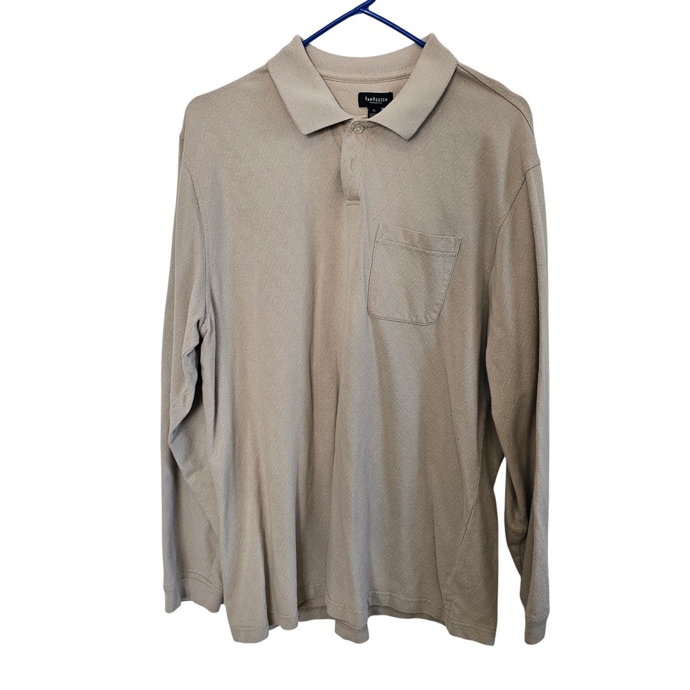 Van Heusen Mens XL Tan Diamond‎ Textured Long Sleeve Polo Shirt Chest Pocket